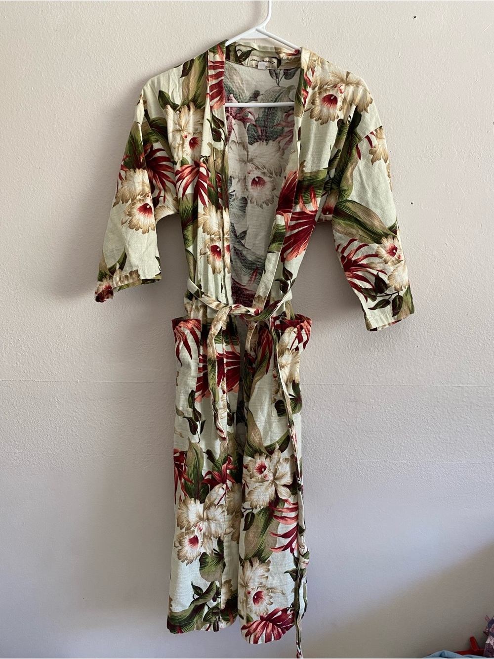 Hawaiian Print Floral Cotton Robe - Green with Red Accents